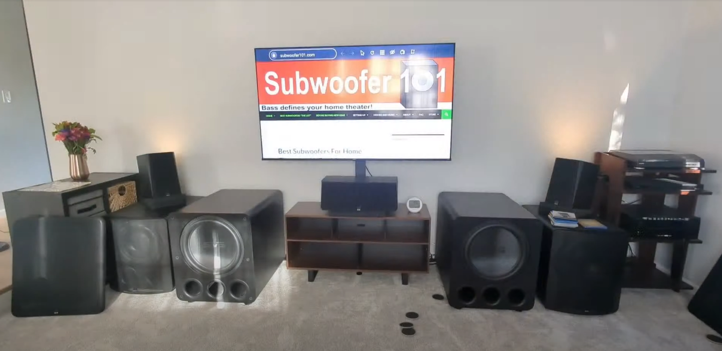 The same subwoofers moved inboard of the main speakers, with inactive subwoofers alongside